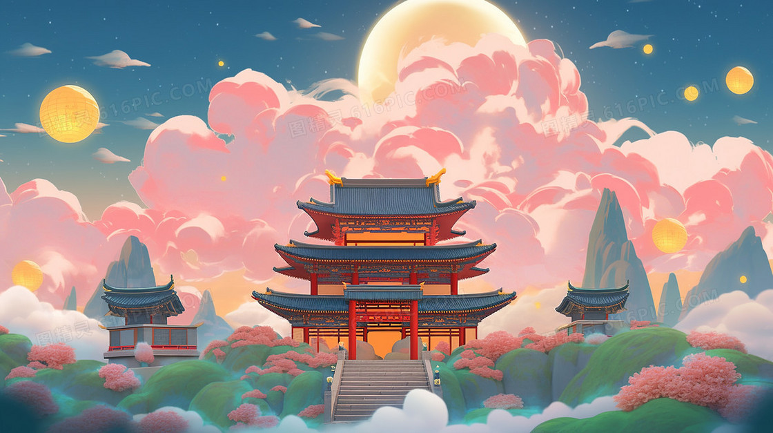 大气国潮风中国建筑云彩环绕中秋节创意节日插画