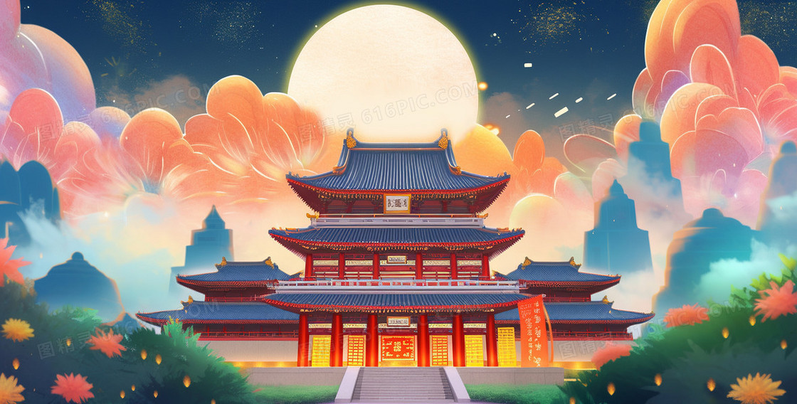 大气国潮风中国建筑云彩环绕中秋节创意节日插画