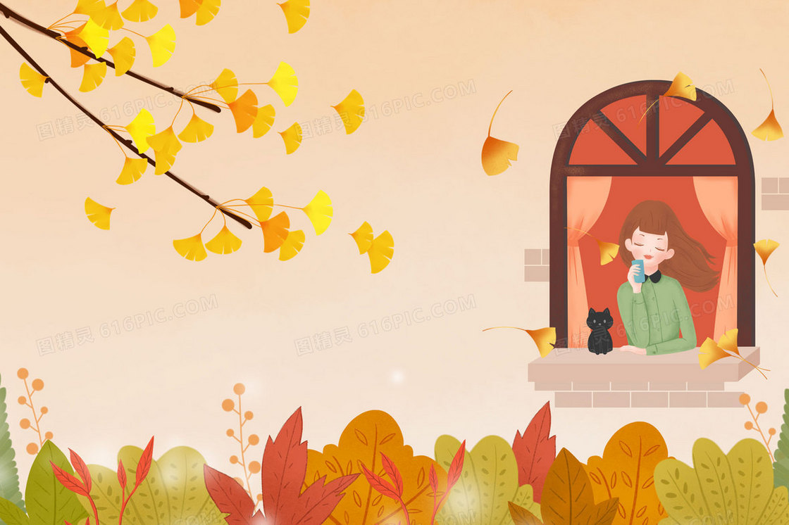 秋季女孩透过窗户欣赏秋色插画