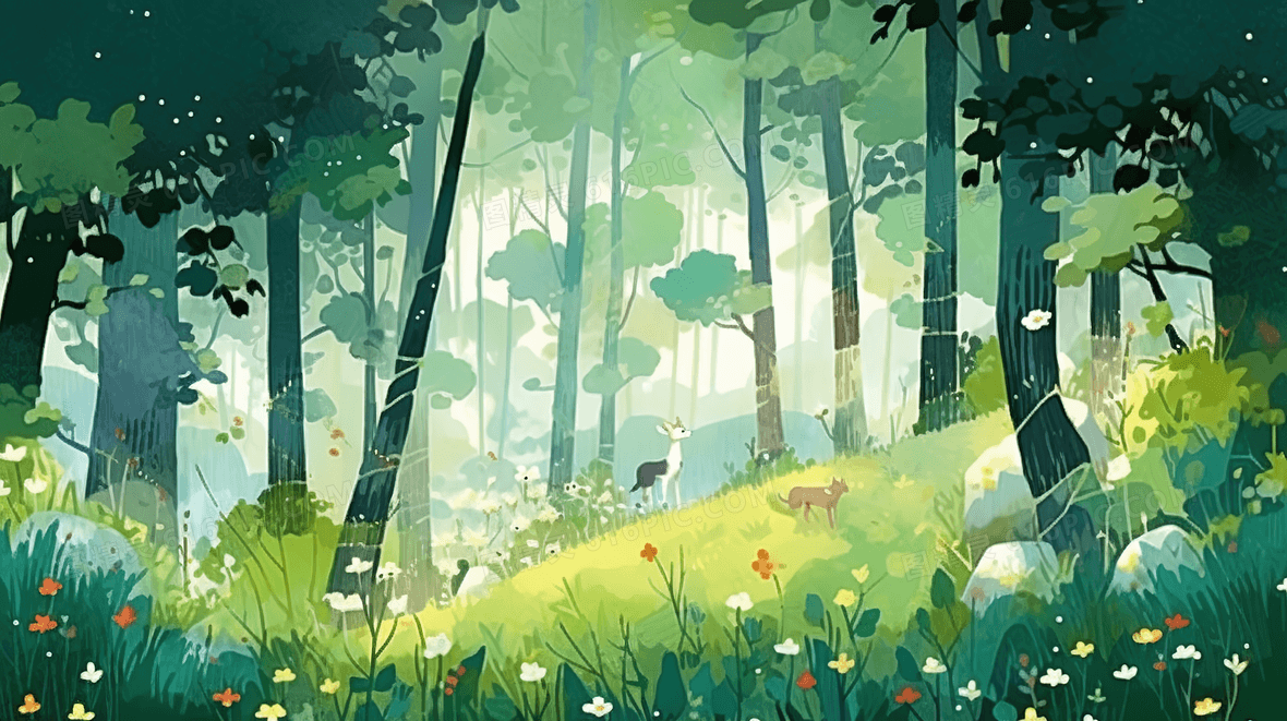绿色夏季森林植物大树卡通插画背景图片下载_2912x1632像素JPG格式_编号vnjf66g8z_图精灵