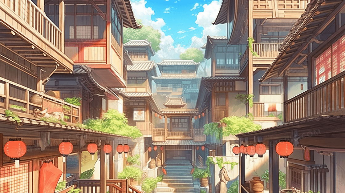 彩色传统古典中国风古镇