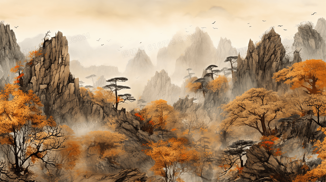 金色中国风古典山水风景绘画