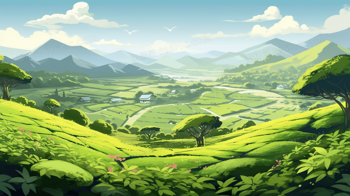 绿色自然茶山风景插画