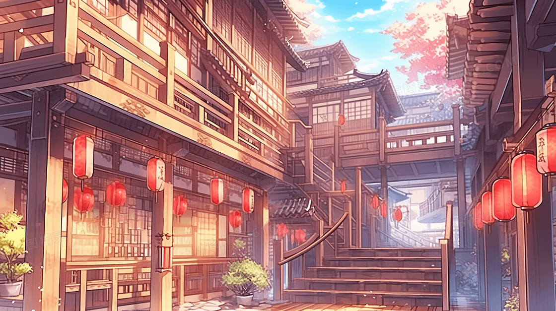 彩色中国风古镇风景