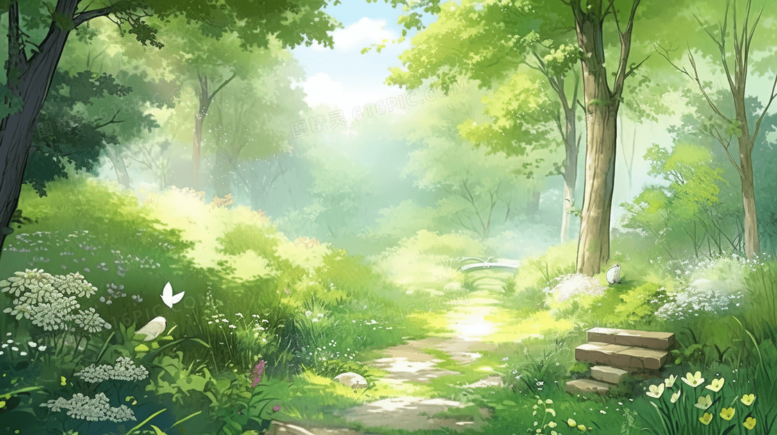 绿色夏季森林植物大树卡通插画