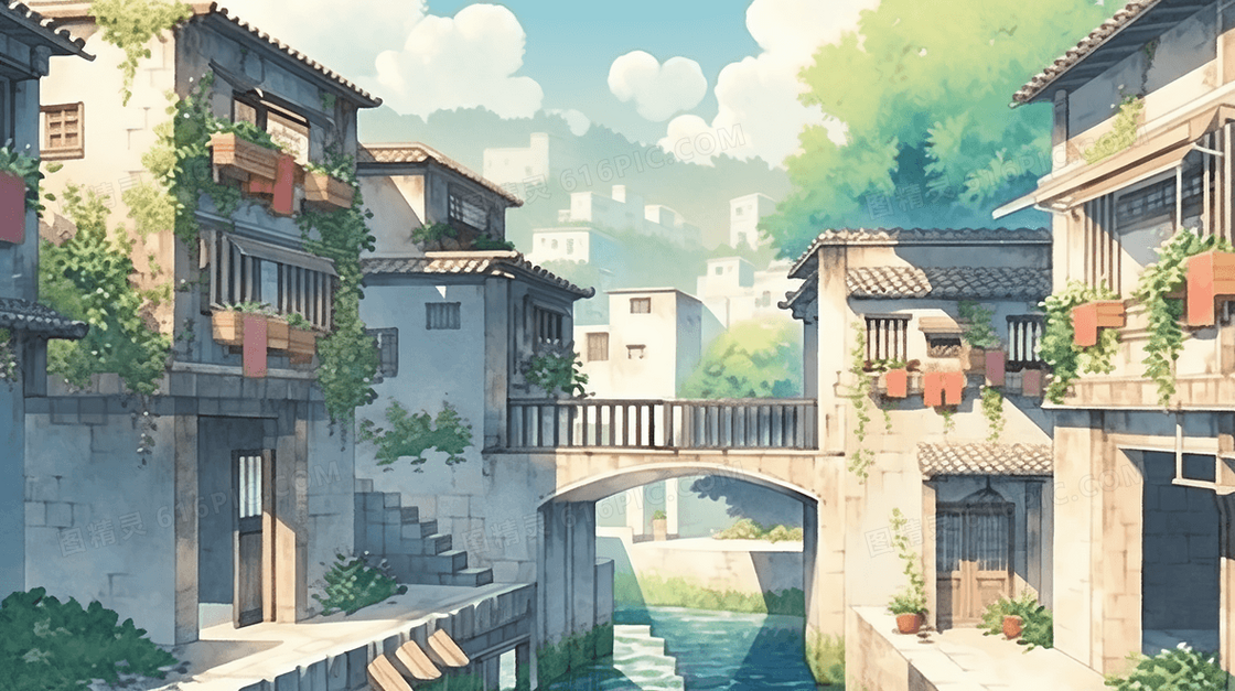 彩色江南水乡水彩插画