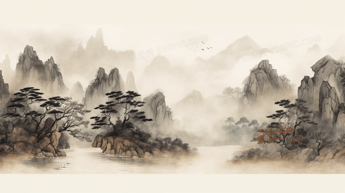 中国风古典唯美简约山水画