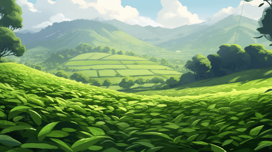 绿色自然茶山风景插画