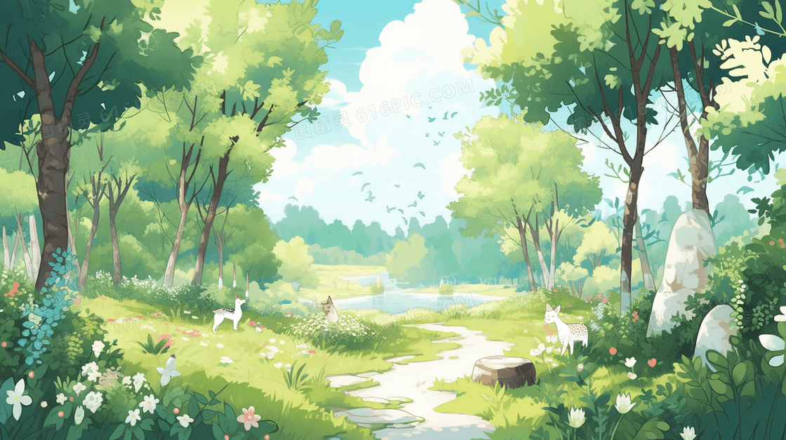 夏季绿色田野自然风景插画