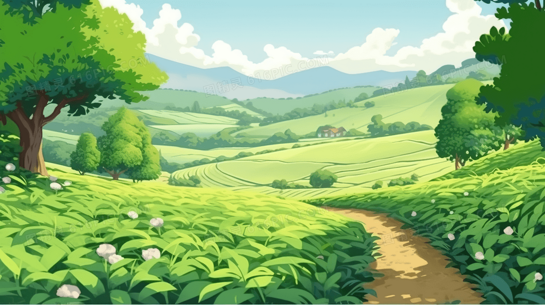 绿色自然茶山风景插画