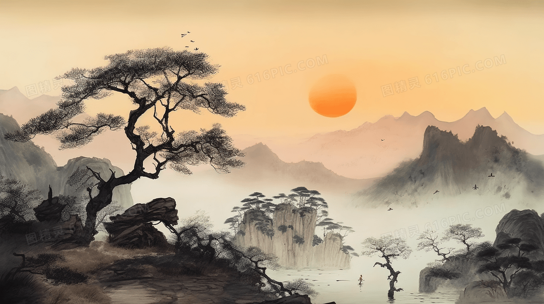 黄山松柏落日中国风古典山水风景绘画