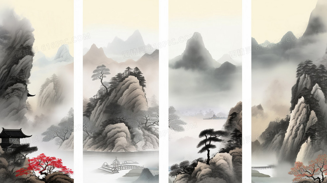 水墨中国风山川河流大气中式山水画
