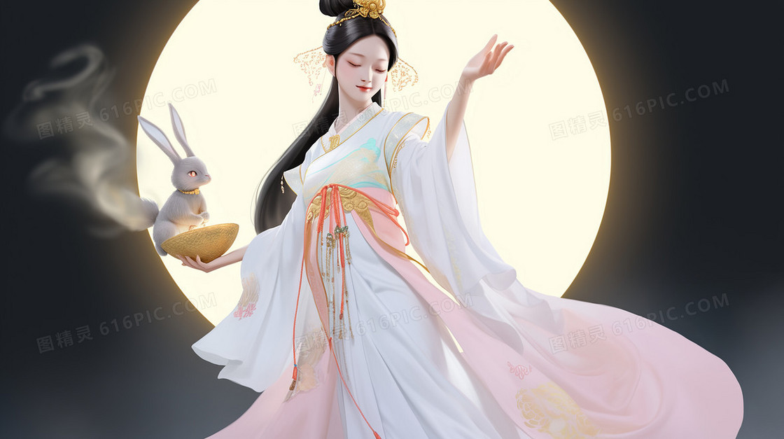 优雅古风美女嫦娥仙子在月亮前起舞创意中秋节插画