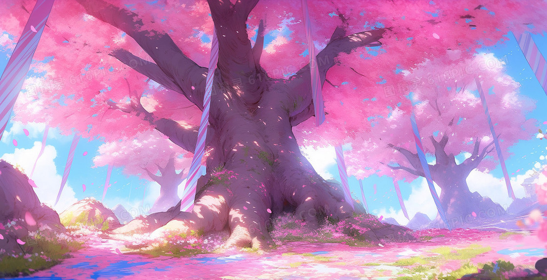 梦幻森林里粉紫色的参天大树创意插画