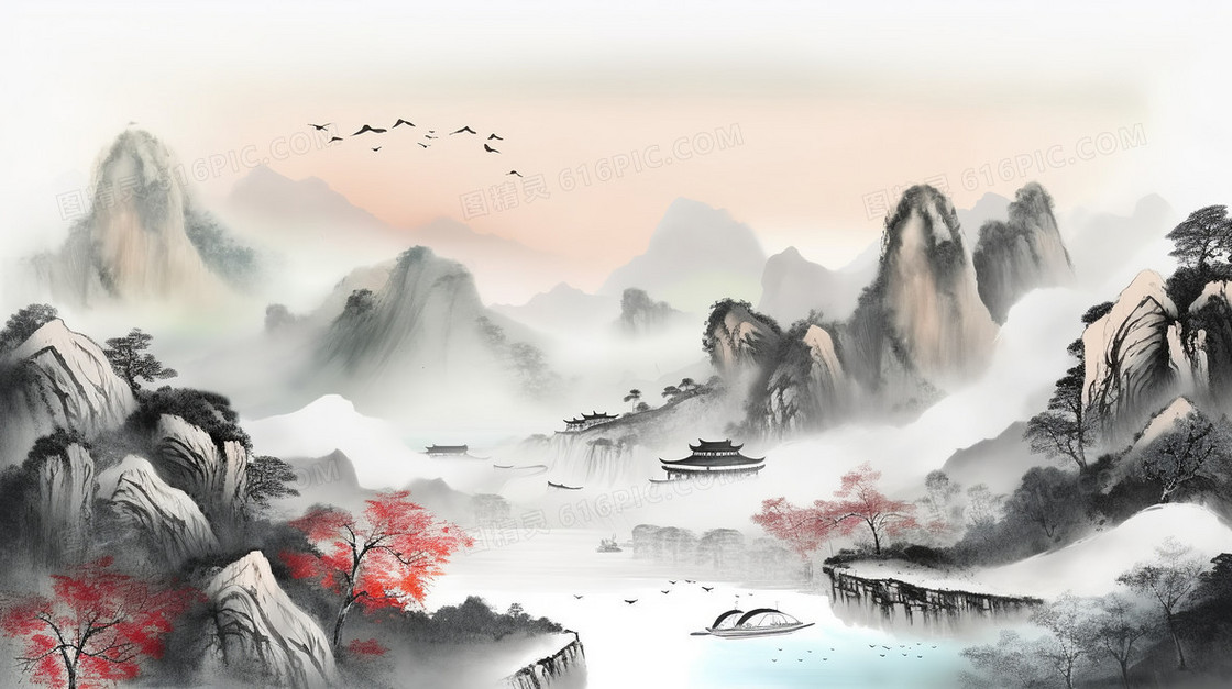 水墨中国风山川河流大气中式山水画