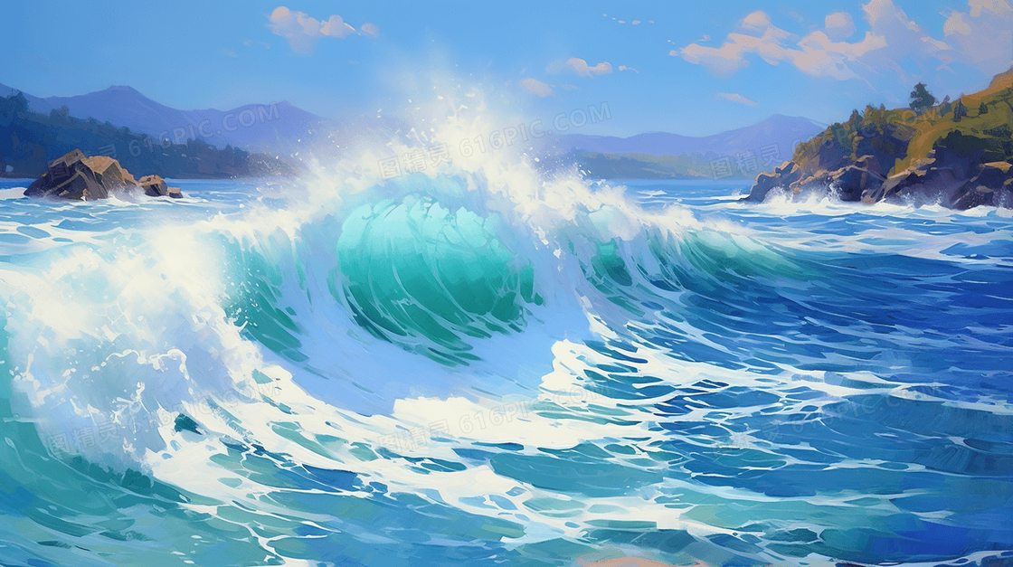 夏季清凉海水海浪风景插画