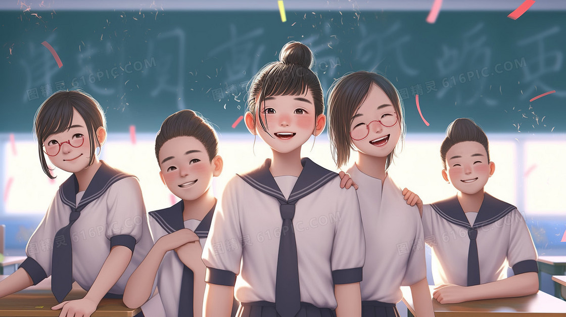 毕业季可爱的学生们在教室合影留念创意插画