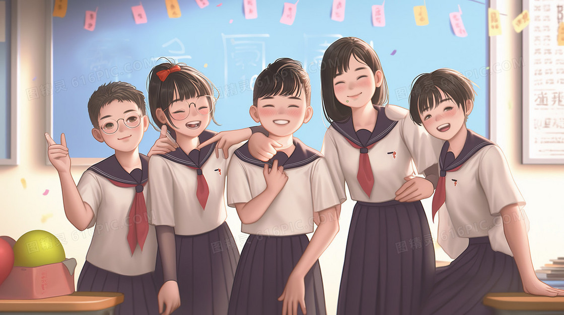 毕业季可爱的学生们在教室合影留念创意插画