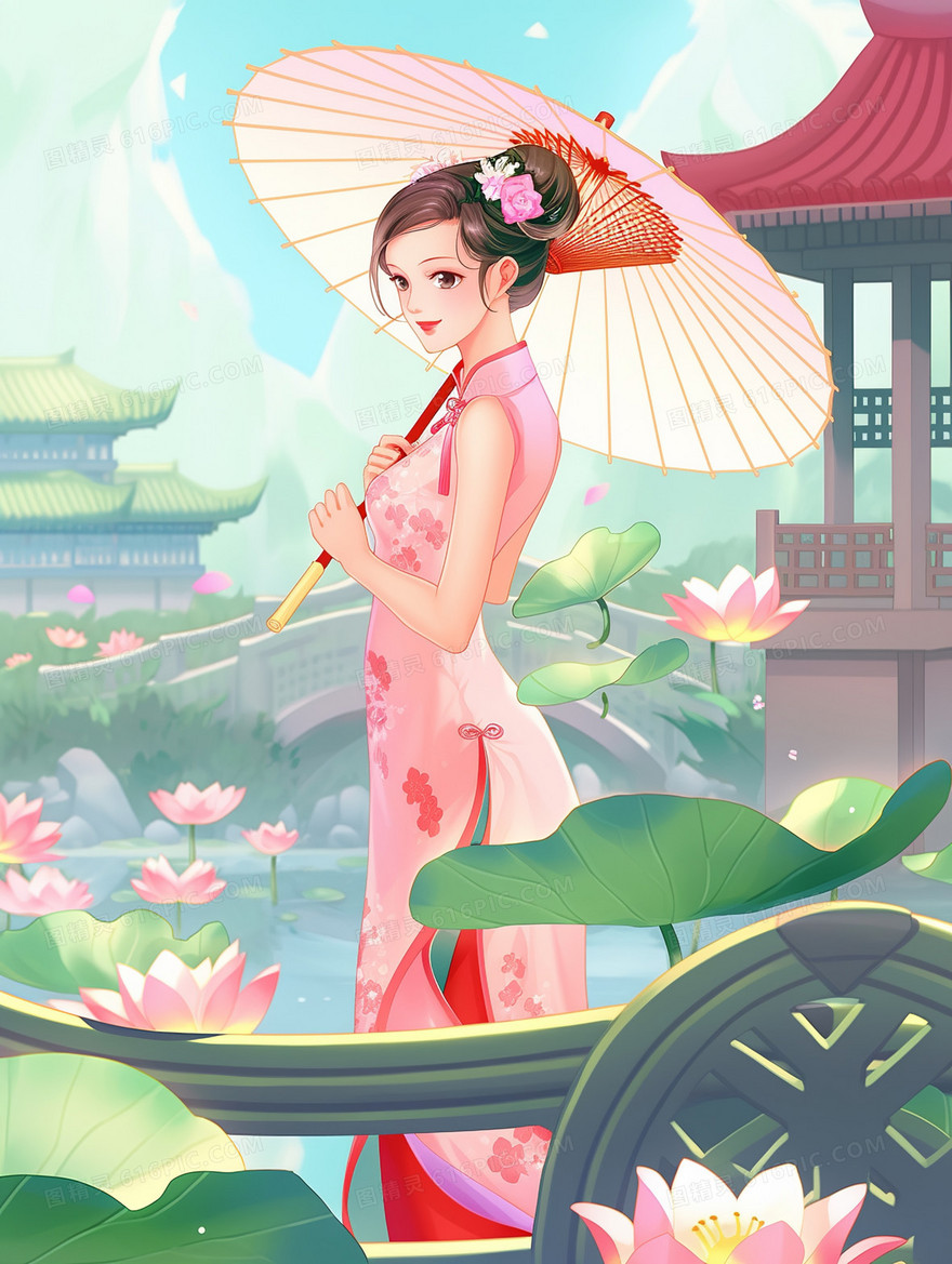 穿着中国旗袍的气质美女在荷花池边撑着纸伞赏花