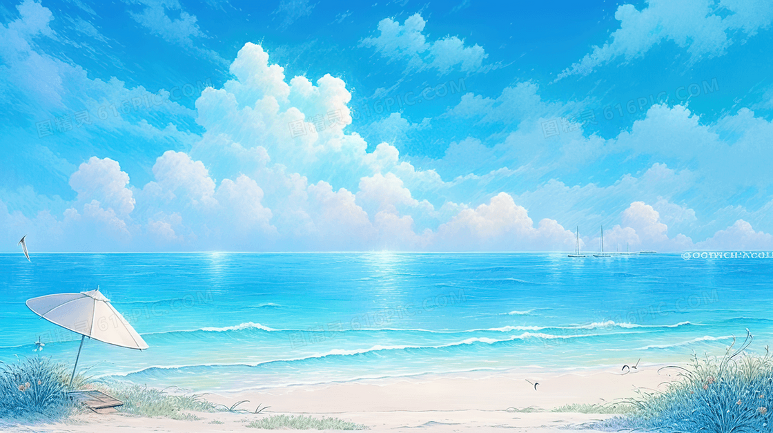 蓝色夏季清凉海边度假插画