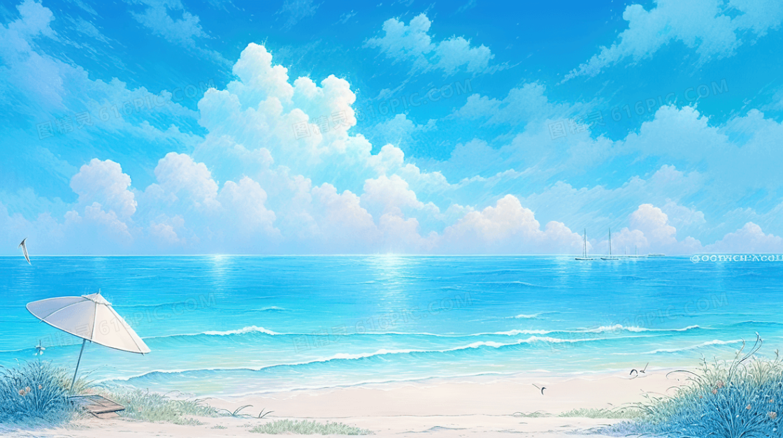 蓝色夏季清凉海边度假插画