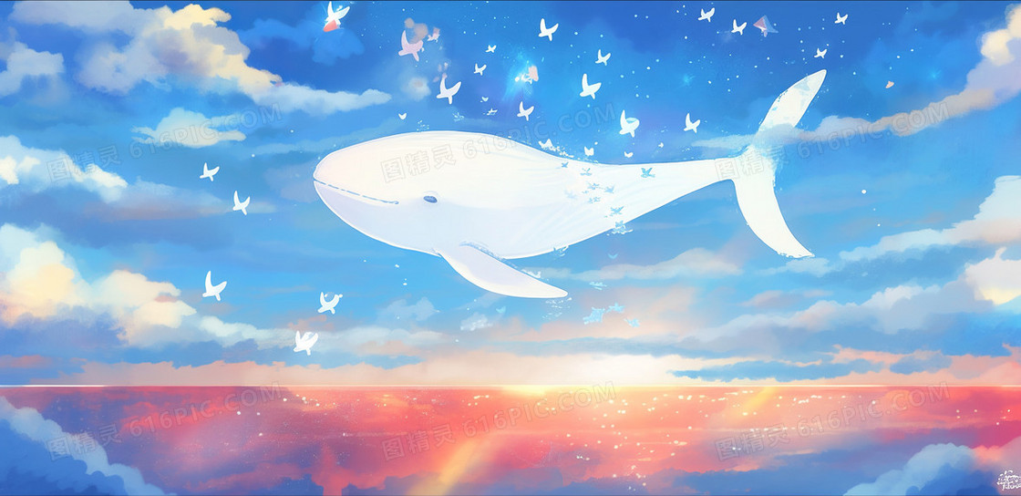梦幻唯美云彩中遨游的鲸鱼插画
