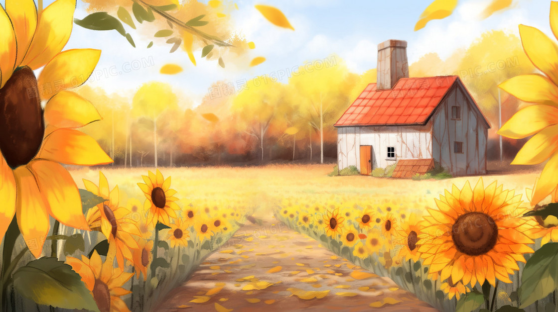 美丽的向日葵与小屋插画