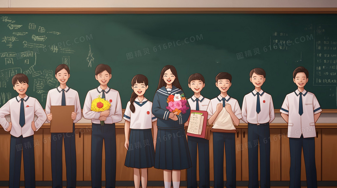 学生们在教室给老师送花合照创意插画