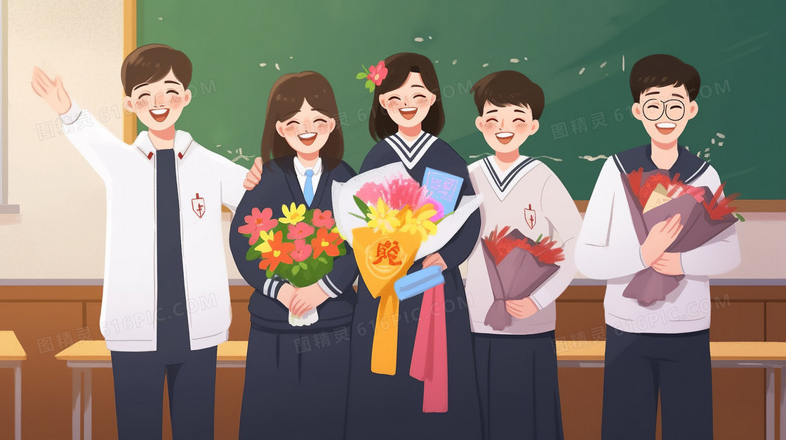 学生们在教室给老师送花合照创意插画