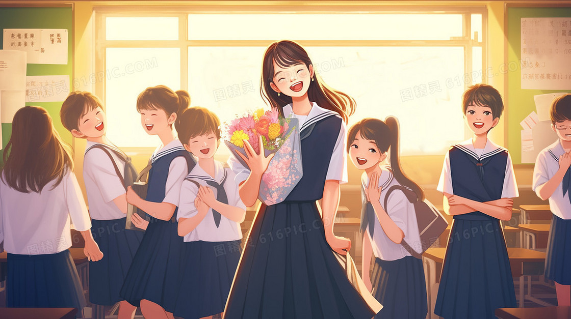 毕业季穿着校服的学生们开心的在教室合影