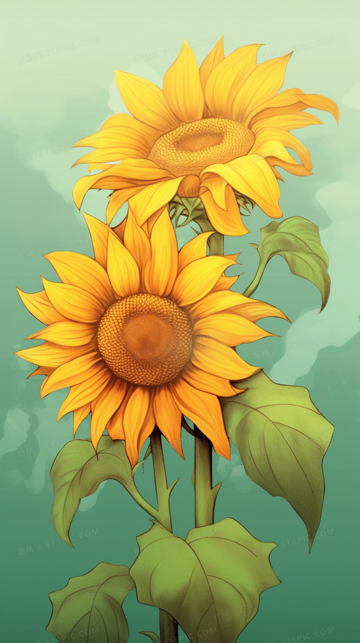 绚丽的盛开的向日葵插画图片背景图片下载_1632x2912像素jpg格式_编号