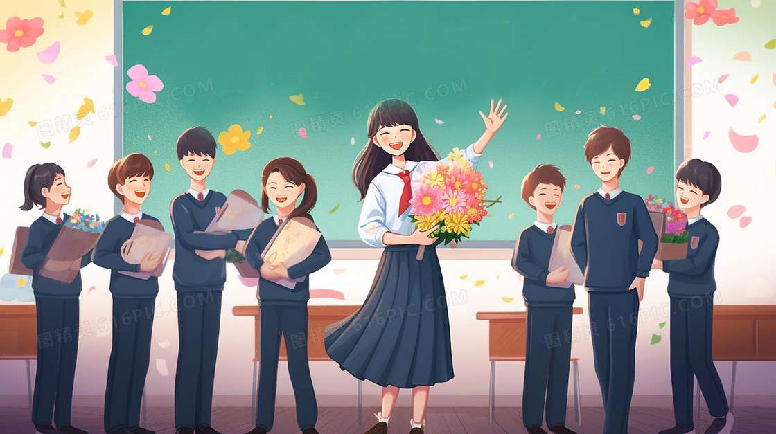 学生们在教室给老师送花合照创意插画