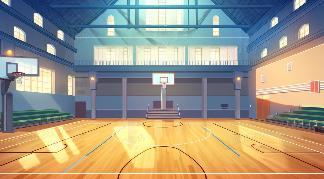 学校室内篮球场场景创意插画