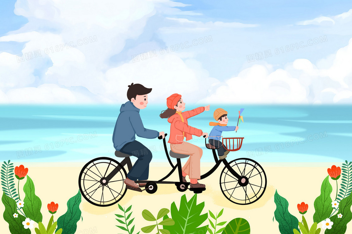 一家人在海边骑行插画