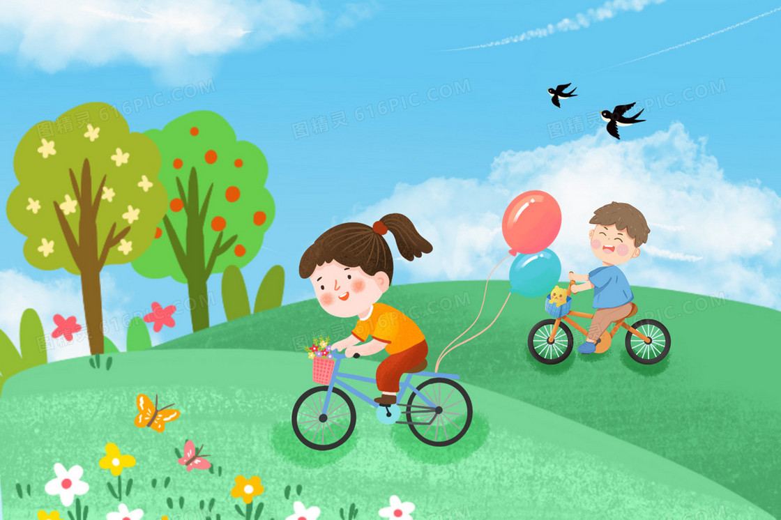 世界骑行日孩子在草地上骑行插画