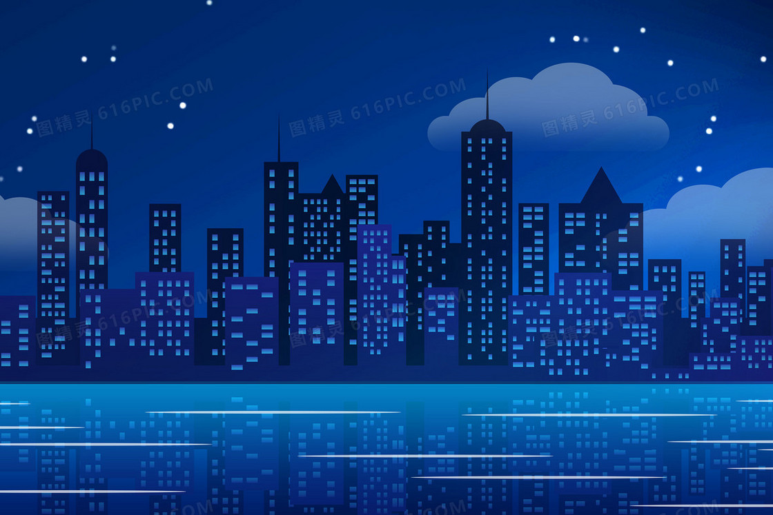 星空夜晚城市建筑唯美插画