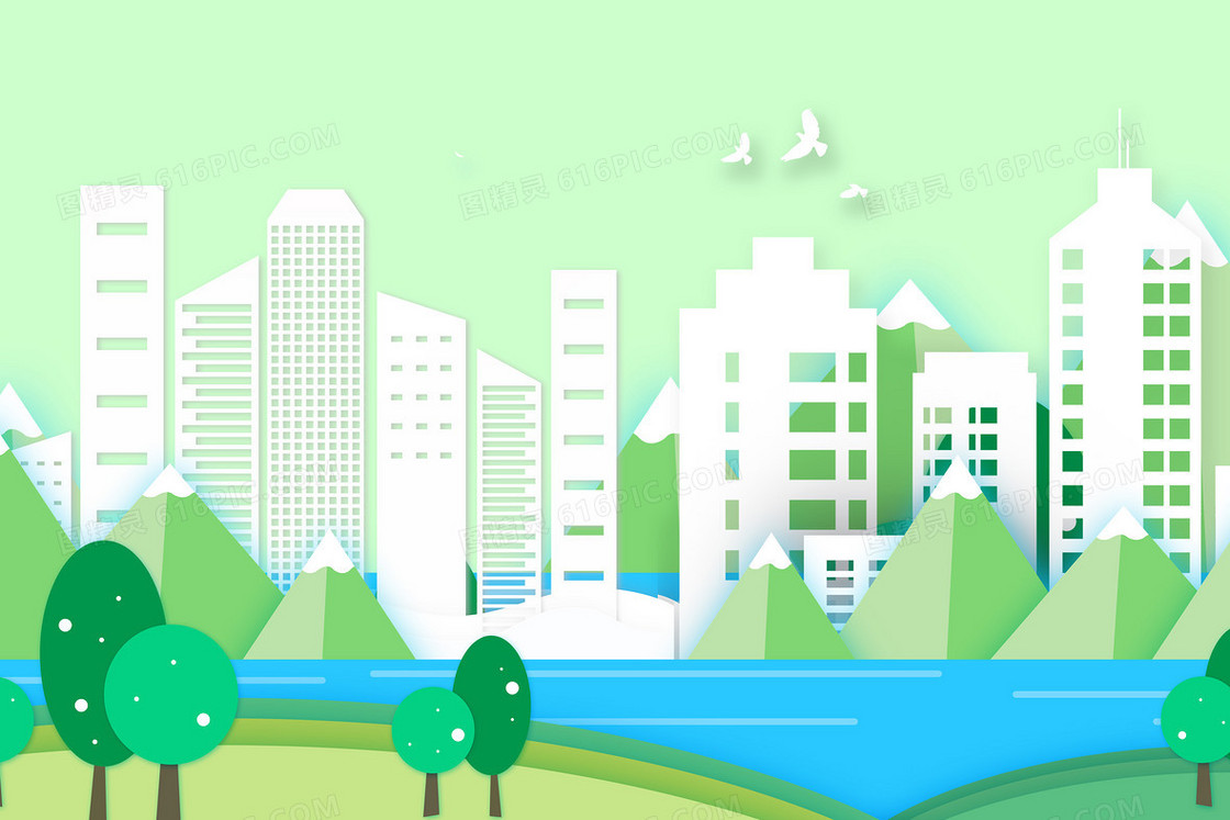 城市剪纸风建筑绿色插画