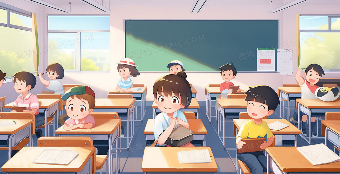 一群可爱的小学生在教室内坐在自己的座位上创意插画