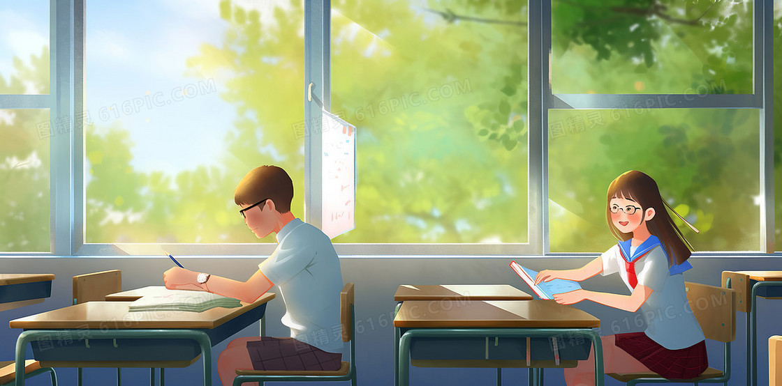 两个学生在教室学习讨论作业创意插画