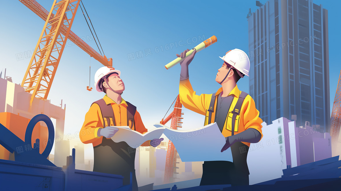 2个戴着安全头盔穿着专业的工程师在建筑工地监督施工情况创意插画