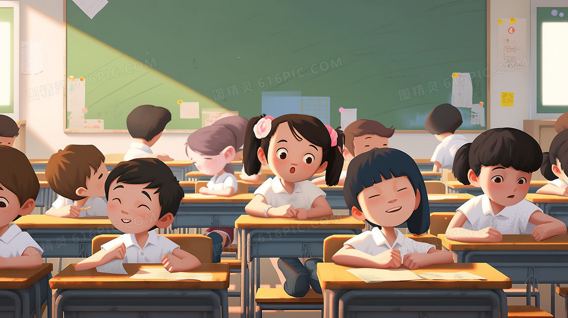 一群可爱的小学生在教室内坐在自己的座位上创意插画