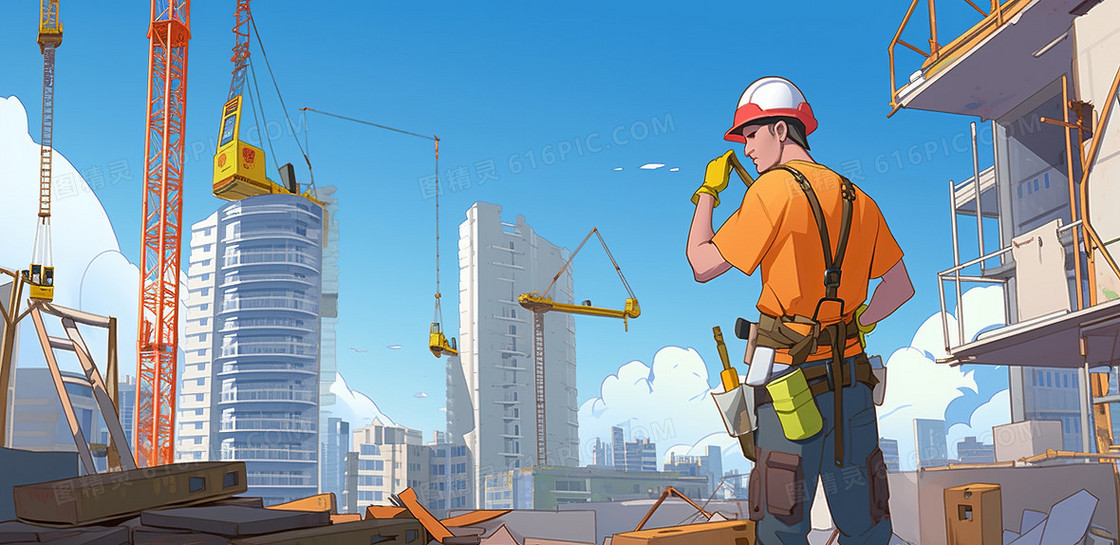 建筑工人戴着头盔在工地施工劳作创意插画