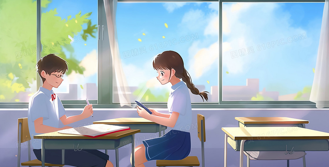 两个学生在教室学习讨论作业创意插画