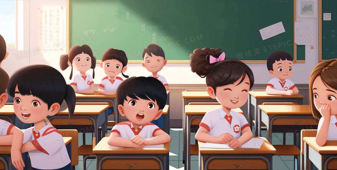 一群可爱的小学生在教室内坐在自己的座位上创意插画