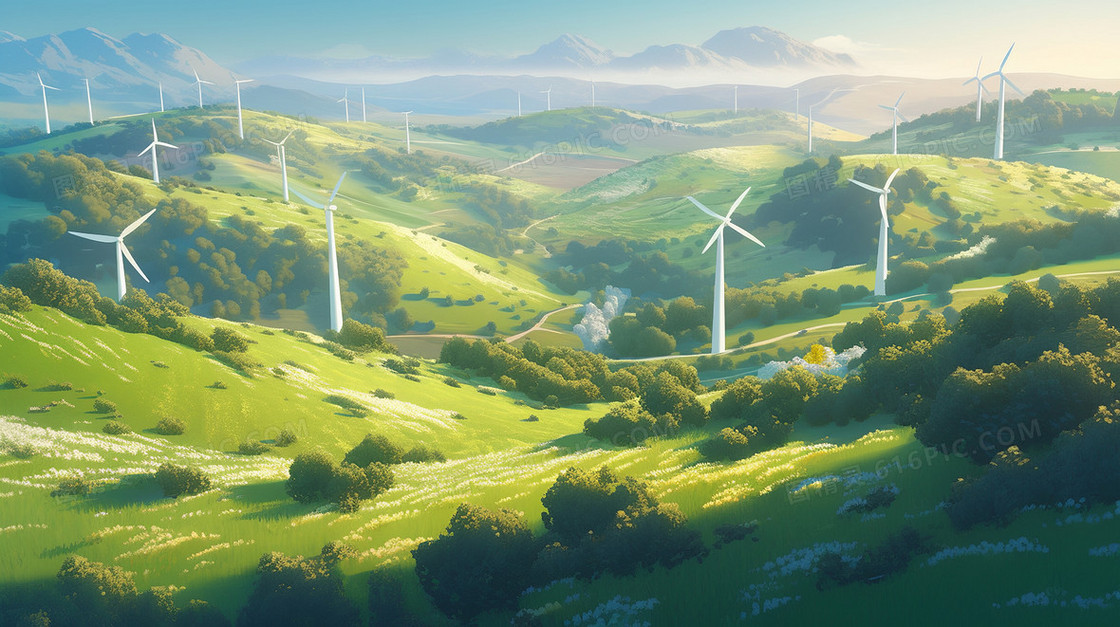 绿色新能源山谷发电风车概念场景创意插画