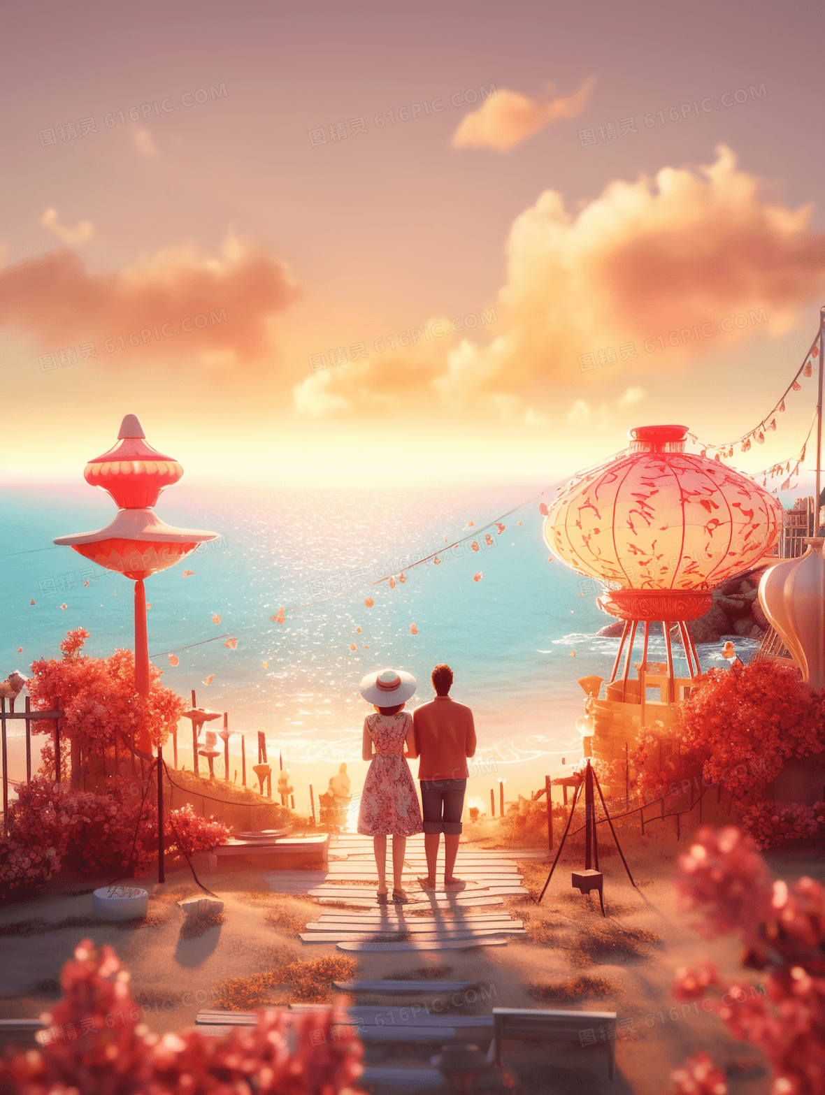 橙色唯美浪漫爱情情侣背影插画