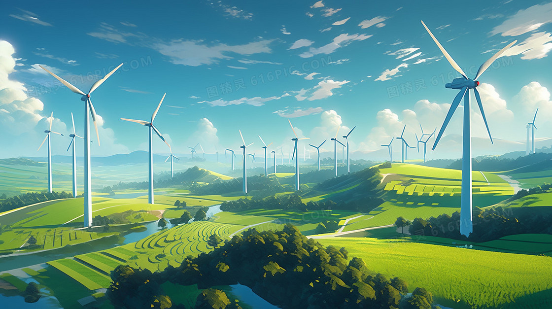 绿色新能源山谷发电风车概念场景创意插画