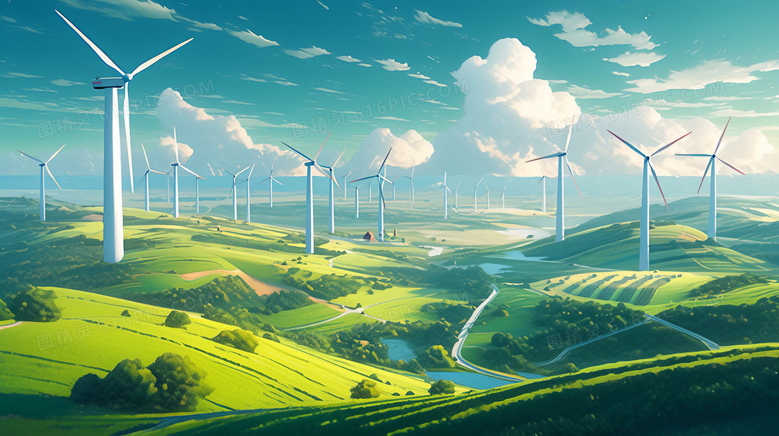 绿色新能源山谷发电风车概念场景创意插画