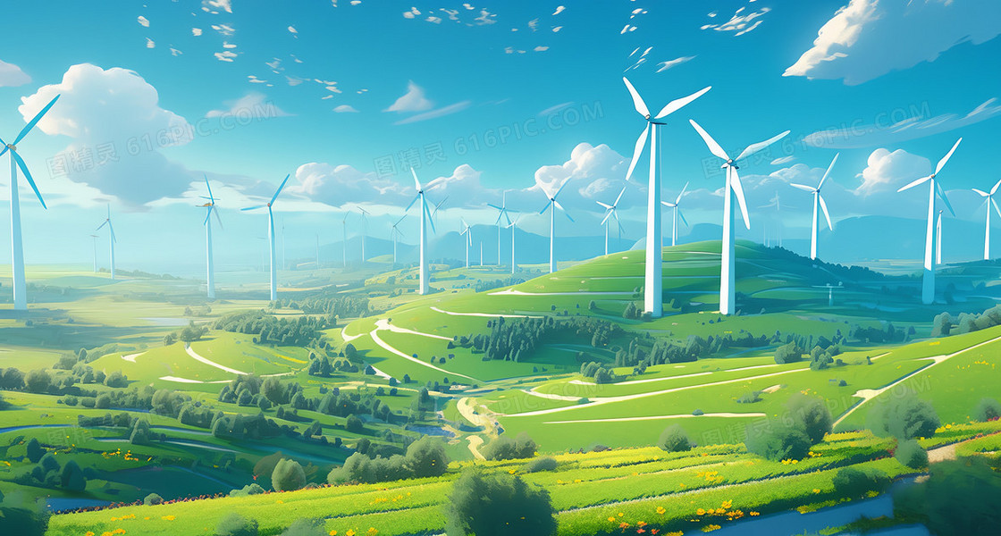绿色新能源山谷发电风车概念场景创意插画
