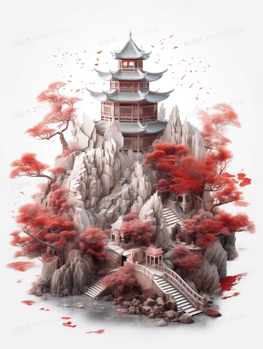彩色中国风古典建筑插画